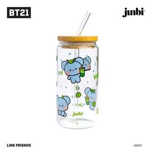 Junbi BT21 Koya Glass Tumbler with Straw - Blue and Green